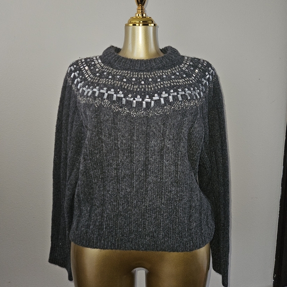 J. Crew Charcoal Gray Embellished Crewneck Sweater